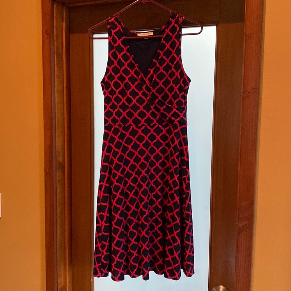 Fit and flare navy blue with pink pattern dress, no zippers, knee length